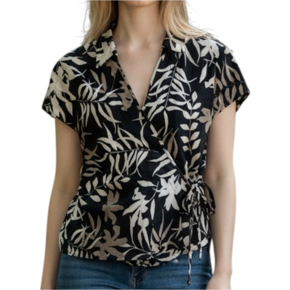 JAX linen tropical print short sleeve wrap blouse size 8 excellent condition